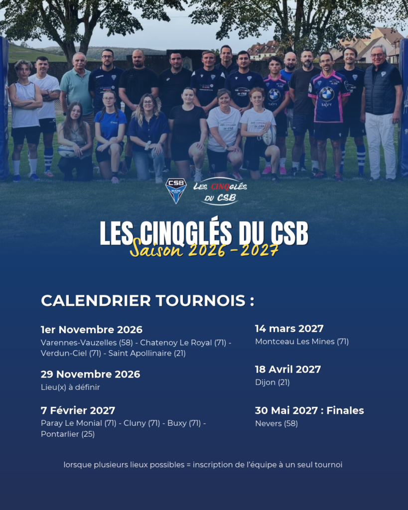 Calendrier des tournois saison 2026/2027 de notre équipe de rugby toucher